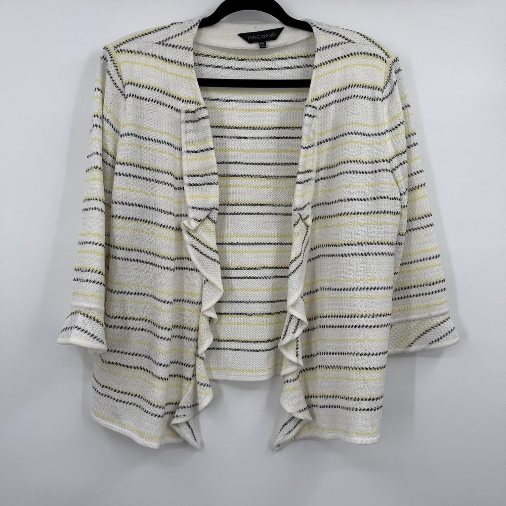 Ming Wang Cardigan Sweater Womens PXL White Open-Knit Ruffle 3/4 Sleeve Relaxed